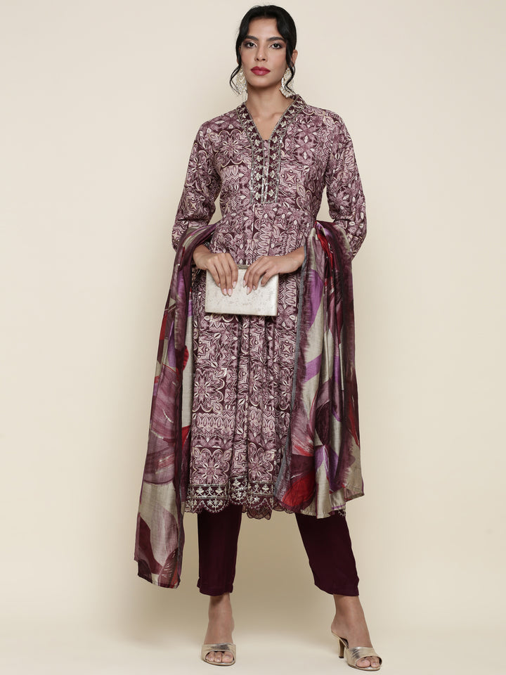 Wine Digital Printed Crepe Modal Three piece suit set