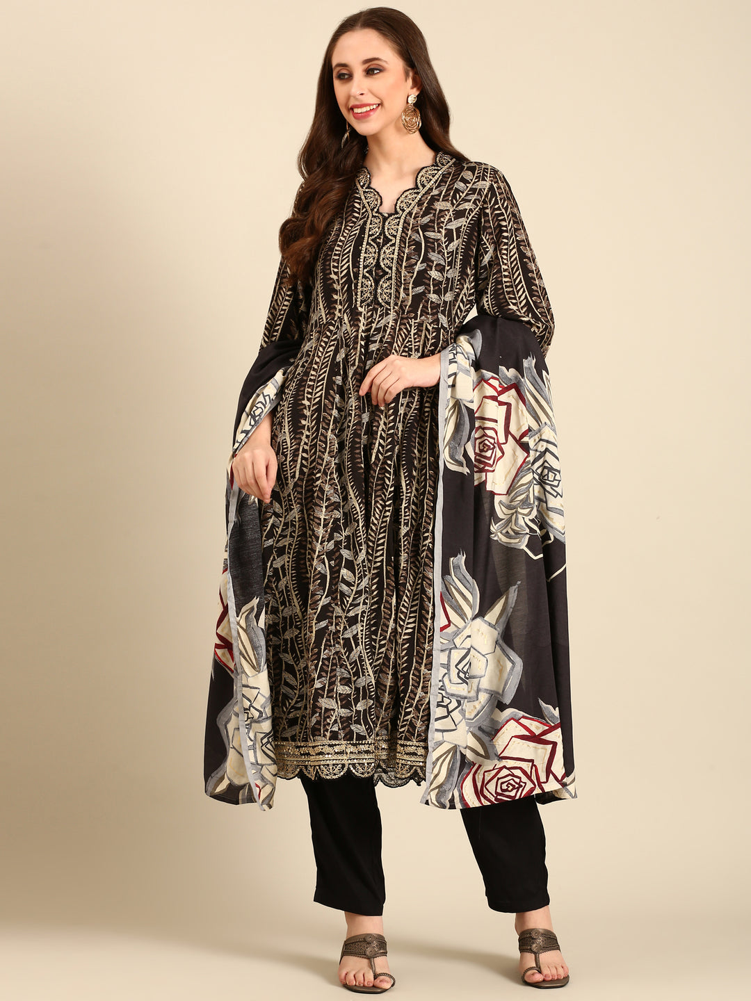 Neerus Black Ethnic Embellished Modal Anarkali Suit Set - Kurta + Bottom + Dupatta for Festive Women Neerus India Neerus Black Ethnic Embellished Modal Anarkali Suit Set - Kurta + Bottom + Dupatta for Festive Women Neerus India