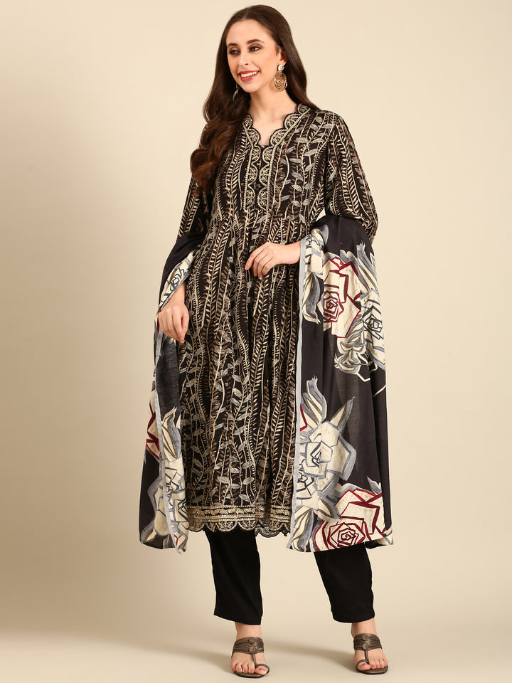 Black printed gold zari embroidery three piece suit set