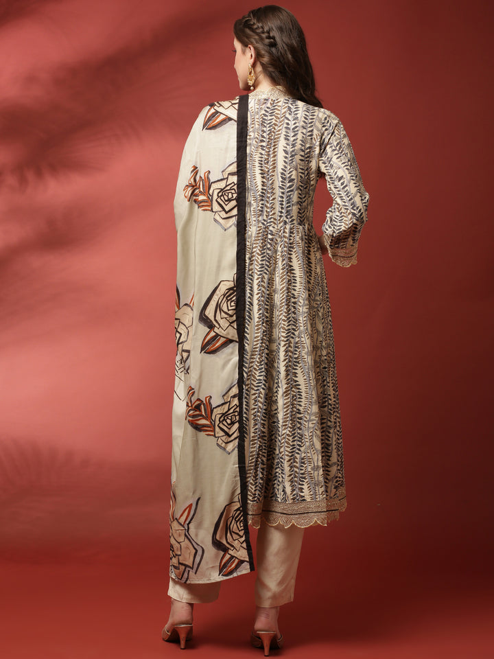 Cream and black printed gold zari embroiderey three suit set