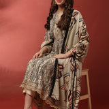 Cream and black printed gold zari embroiderey three suit set