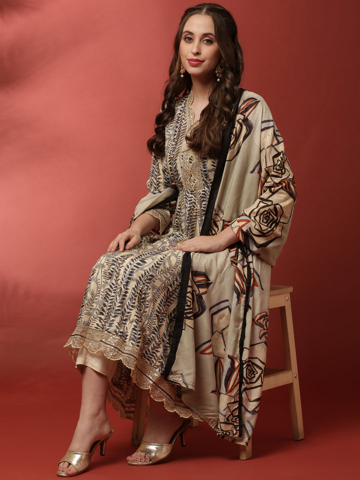 Cream and black printed gold zari embroiderey three suit set