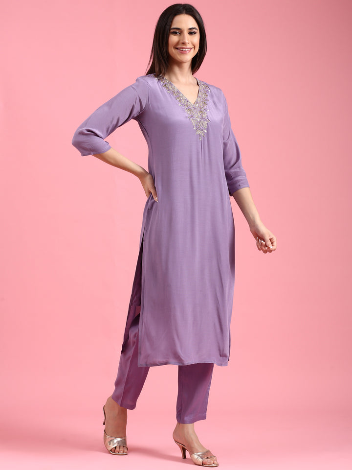Lavender Viscose Embroidery Three Piece Suit Set