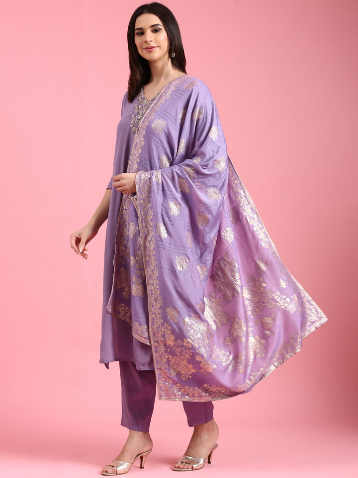 Lavender Viscose Embroidery Three Piece Suit Set