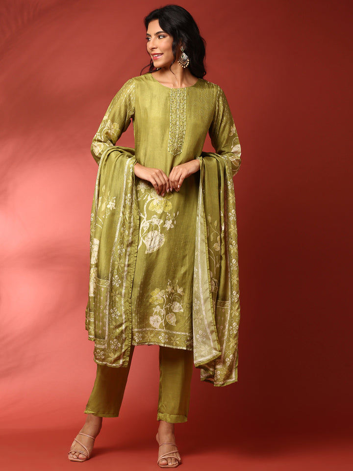 Green dola silk embroidered three piece suit set