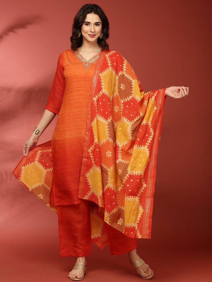 Orange Muslin Three Piece Set