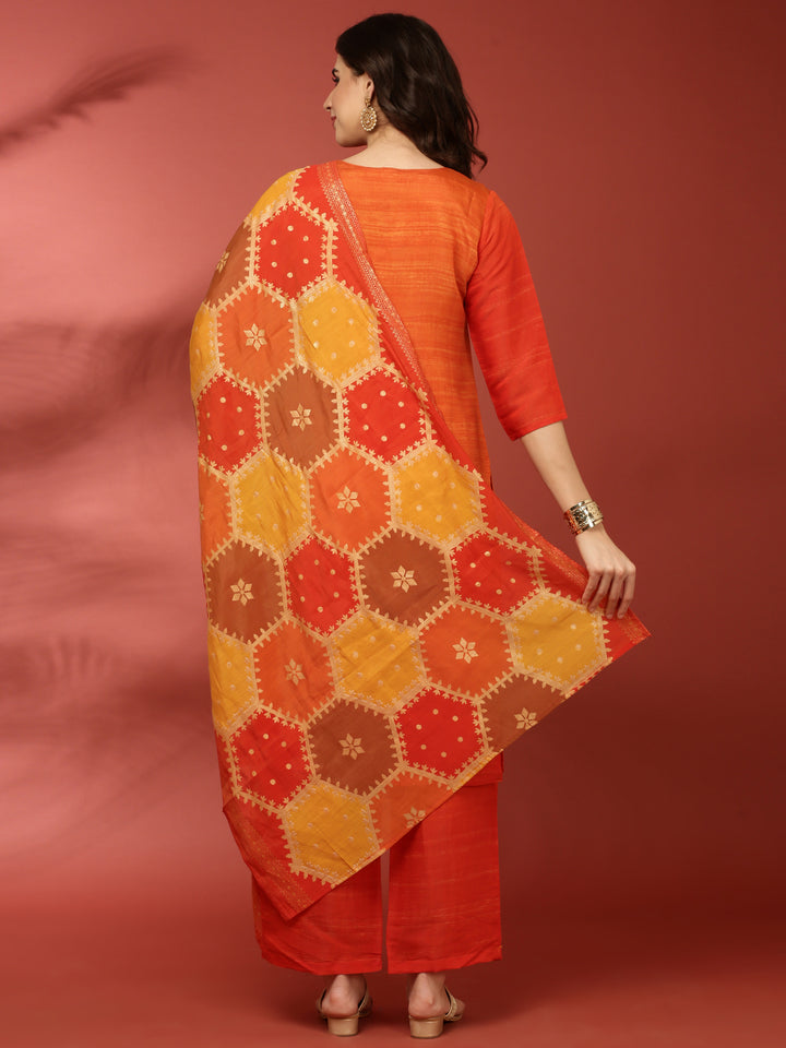 Orange Muslin Three Piece Set