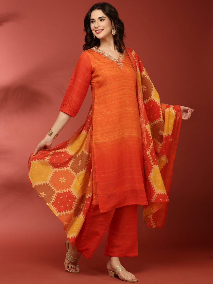 Orange Muslin Three Piece Set