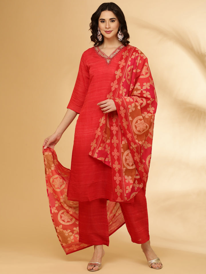 Red Muslin Three Piece Set