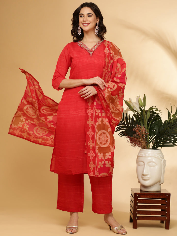 Red Muslin Three Piece Set