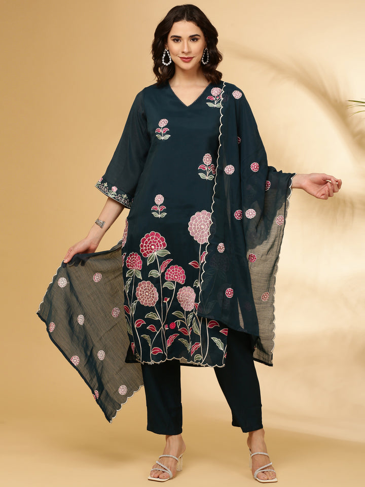 Peacock Russian Silk Embroidery Floral Three Piece Set