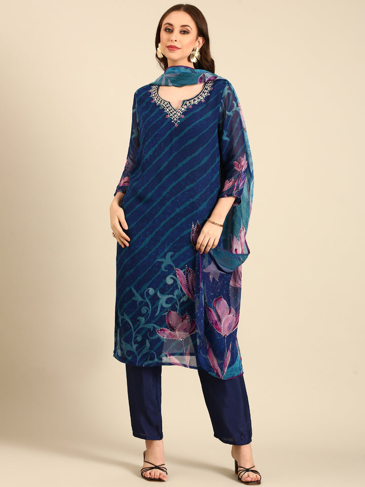 Midnight blue leheriya printed georgette three piece embroidered suit set