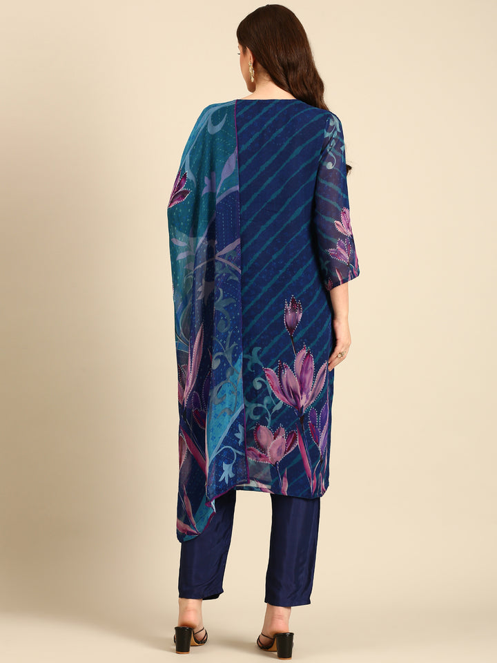 Midnight blue leheriya printed georgette three piece embroidered suit set