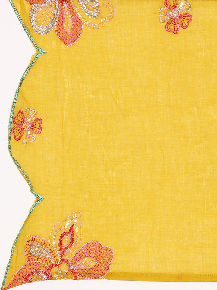 Mustard Cotton Embroidery Anarkali Three Piece Suit Set