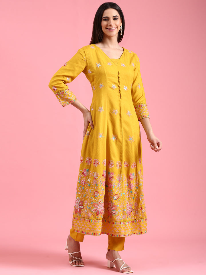 Mustard Cotton Embroidery Anarkali Three Piece Suit Set