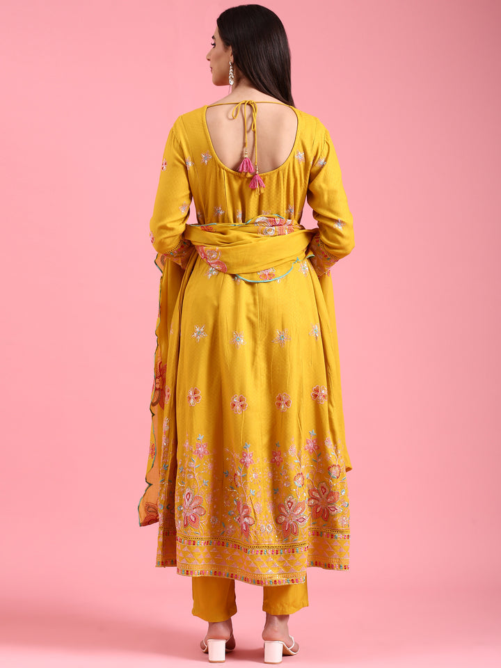 Mustard Cotton Embroidery Anarkali Three Piece Suit Set