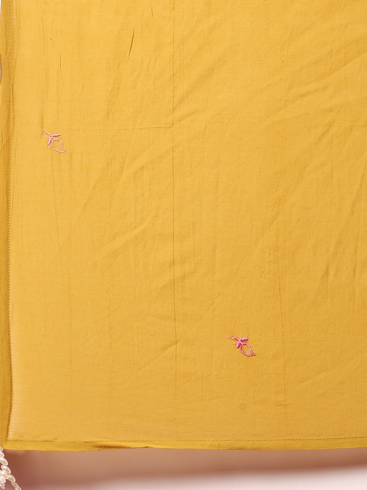 Muslin Mustard Resham embroidered three piece suit set