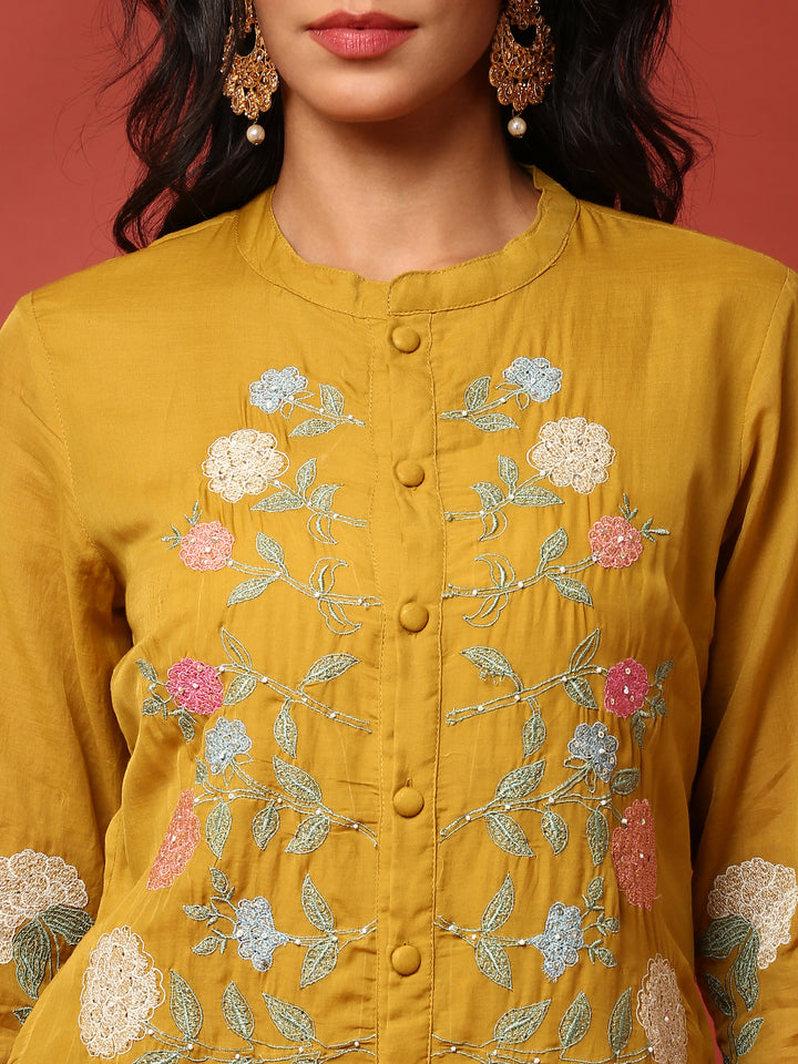 Muslin Mustard Resham embroidered three piece suit set