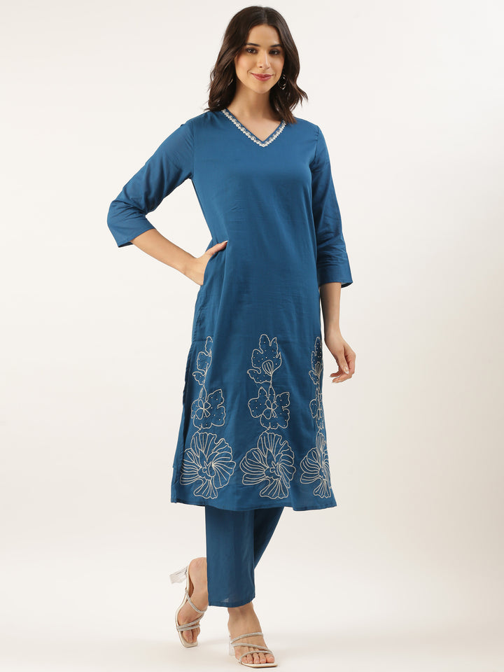 Blue Rayon Embroidery Three Piece Suit Set