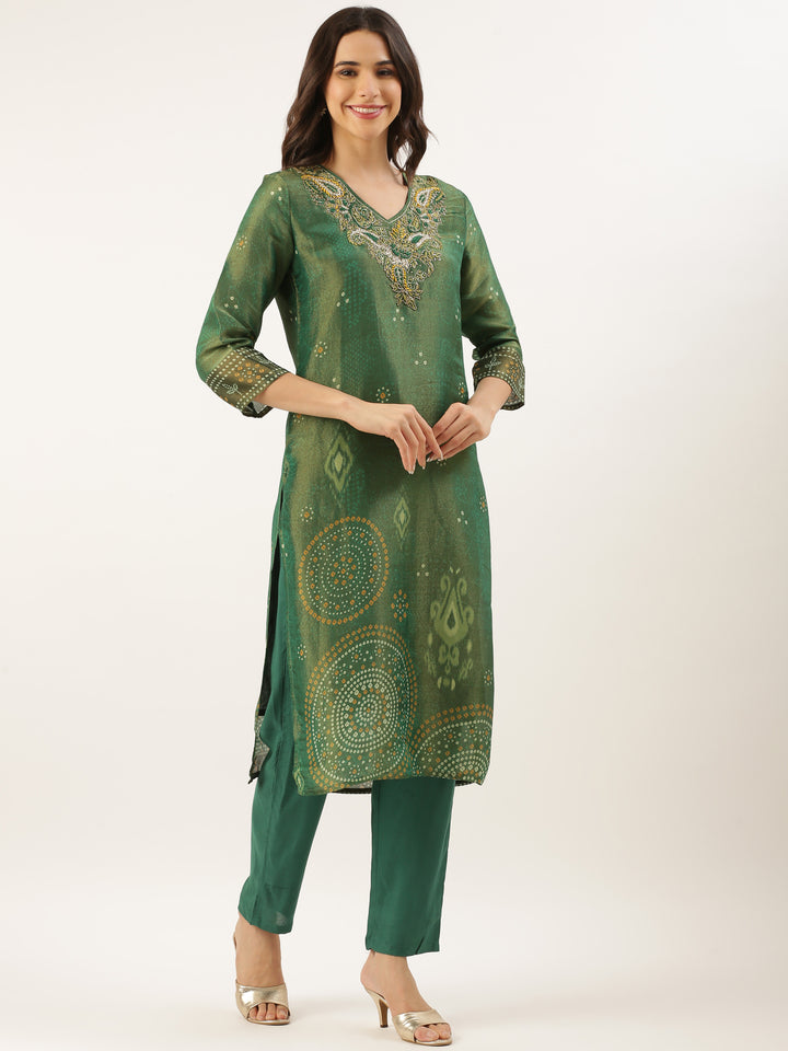 Green Tissue Printed Embroidery Three Piece Suit Set