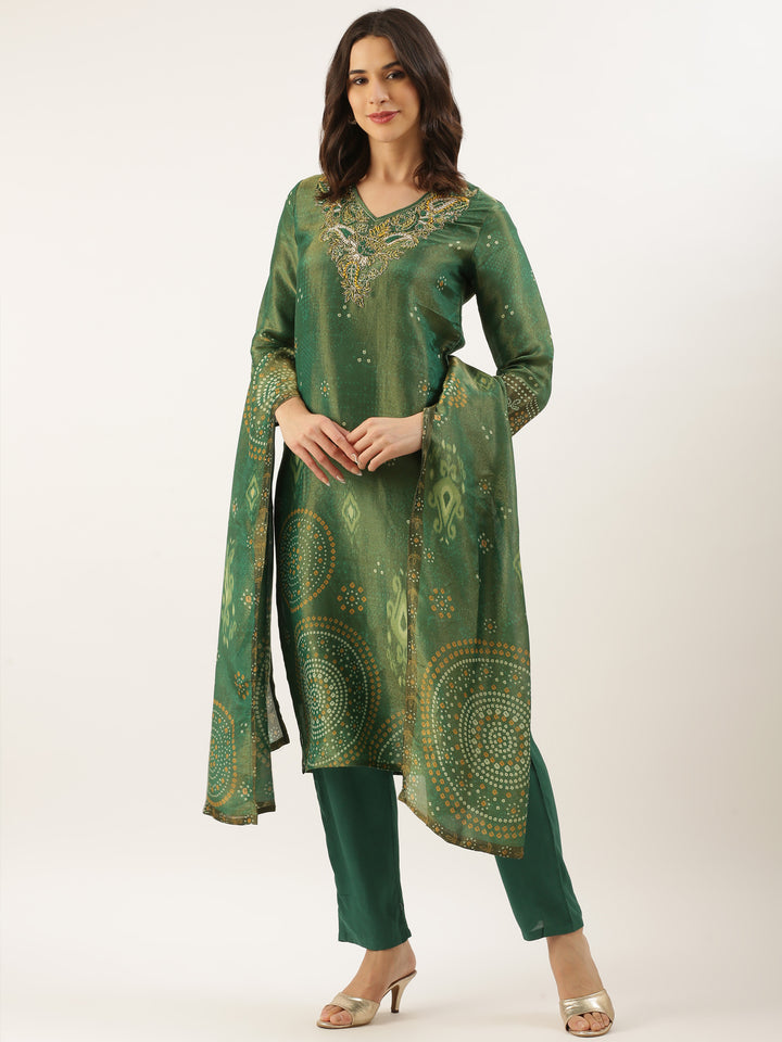 Green Tissue Printed Embroidery Three Piece Suit Set