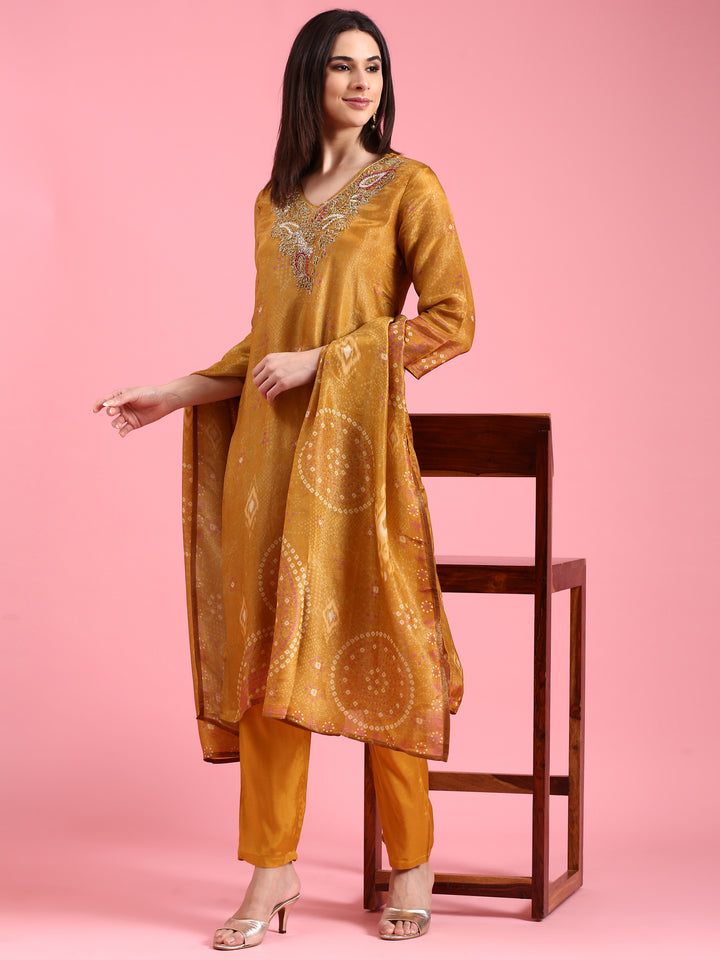 Mustard Tissue Printed Embroidery Three Piece Suit Set