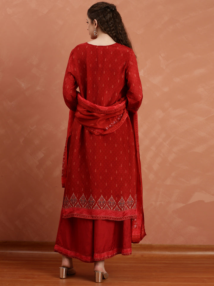 Maroon Crepe Printed Three Piece Suit Set