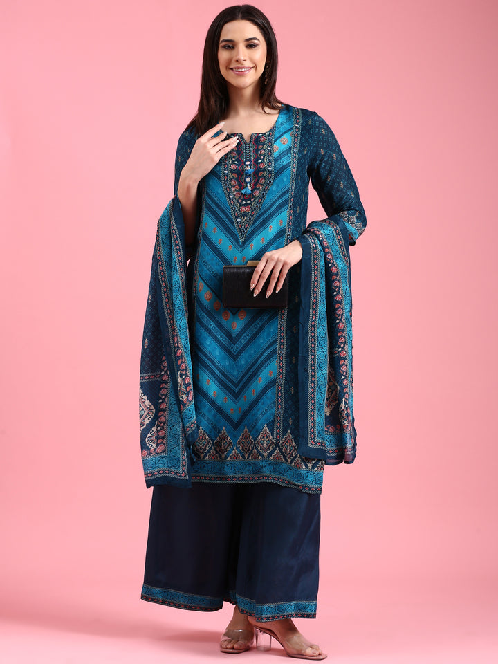 Peacock Blue Crepe Printed Three Piece Suit Set
