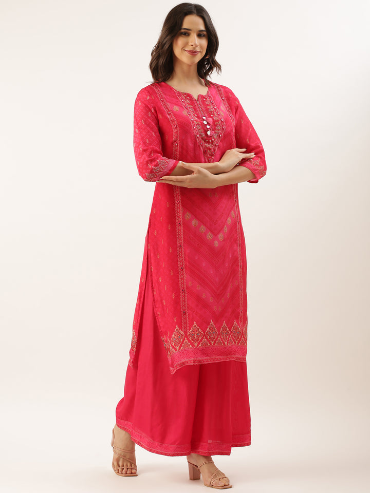 Rani Pink Crepe Printed Three Piece Suit Set