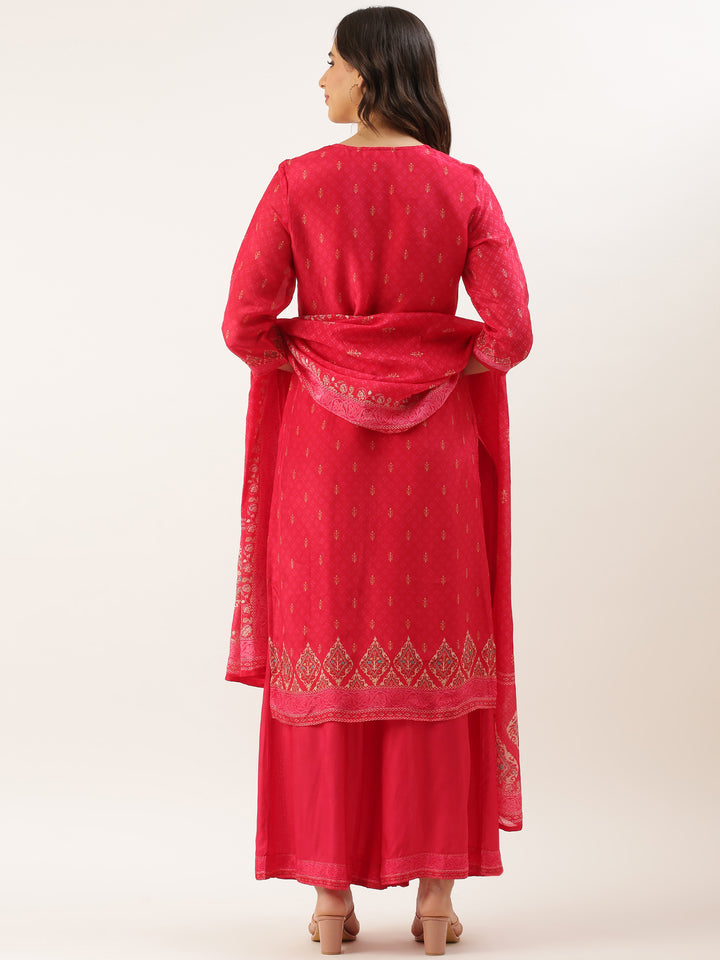 Rani Pink Crepe Printed Three Piece Suit Set