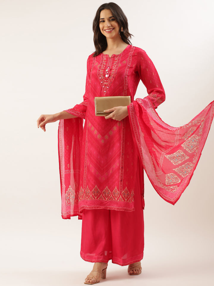 Rani Pink Crepe Printed Three Piece Suit Set