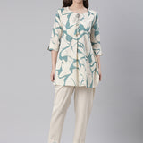 Neerus Cream Casual Printed Kurti with Trousers