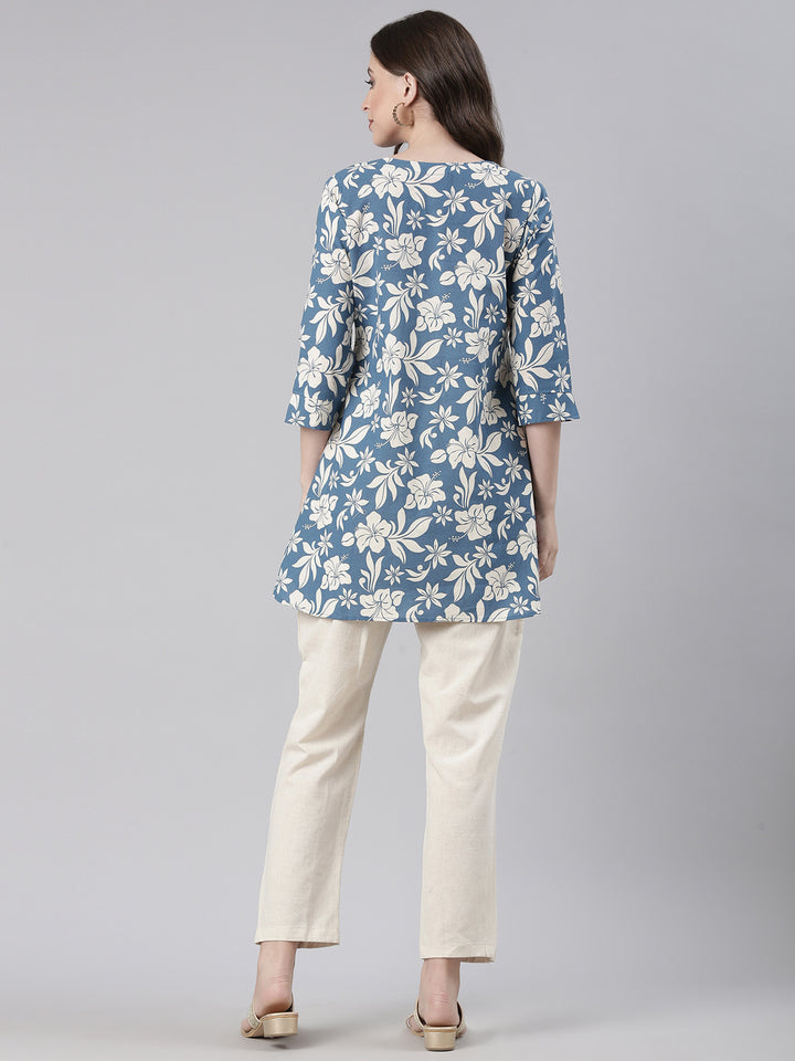 Neerus Blue Casual Printed Kurti with Trousers