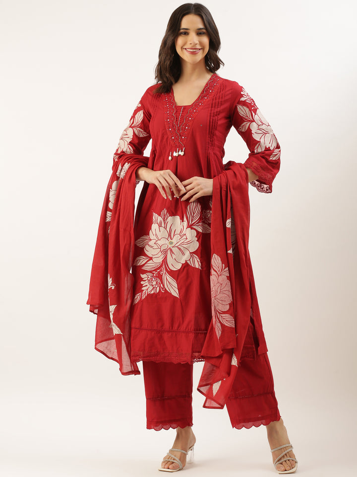 Maroon Cotton Print With Embroidery Three Piece Suit Set