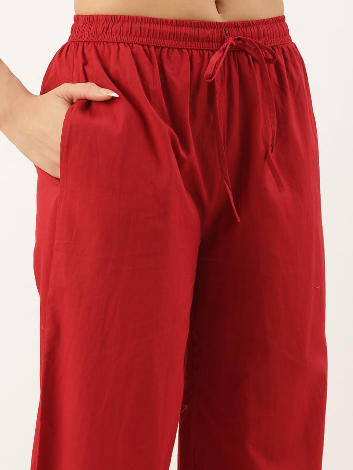 Maroon Cotton Print With Embroidery Three Piece Suit Set