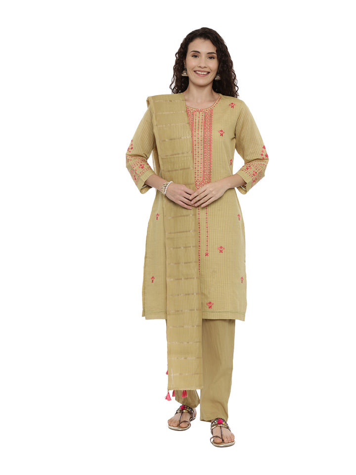 Neerus Green embroidered suit set with trousers and dupatta - front view