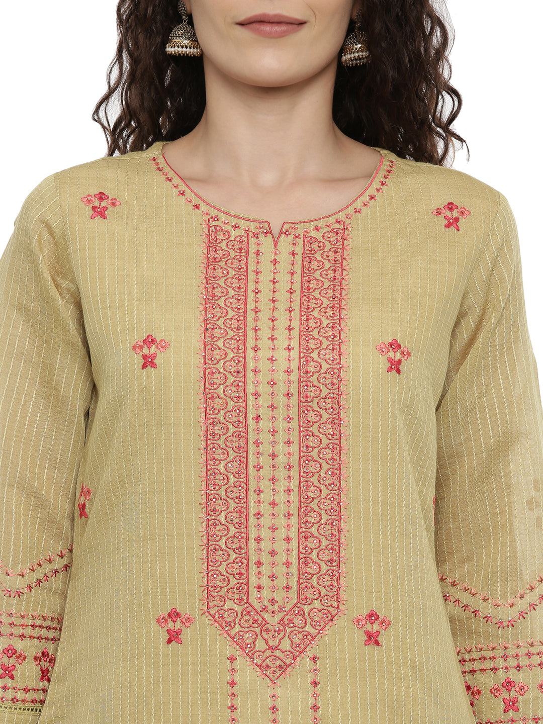 Neerus Green embroidered suit set with trousers and dupatta - detail view 1
