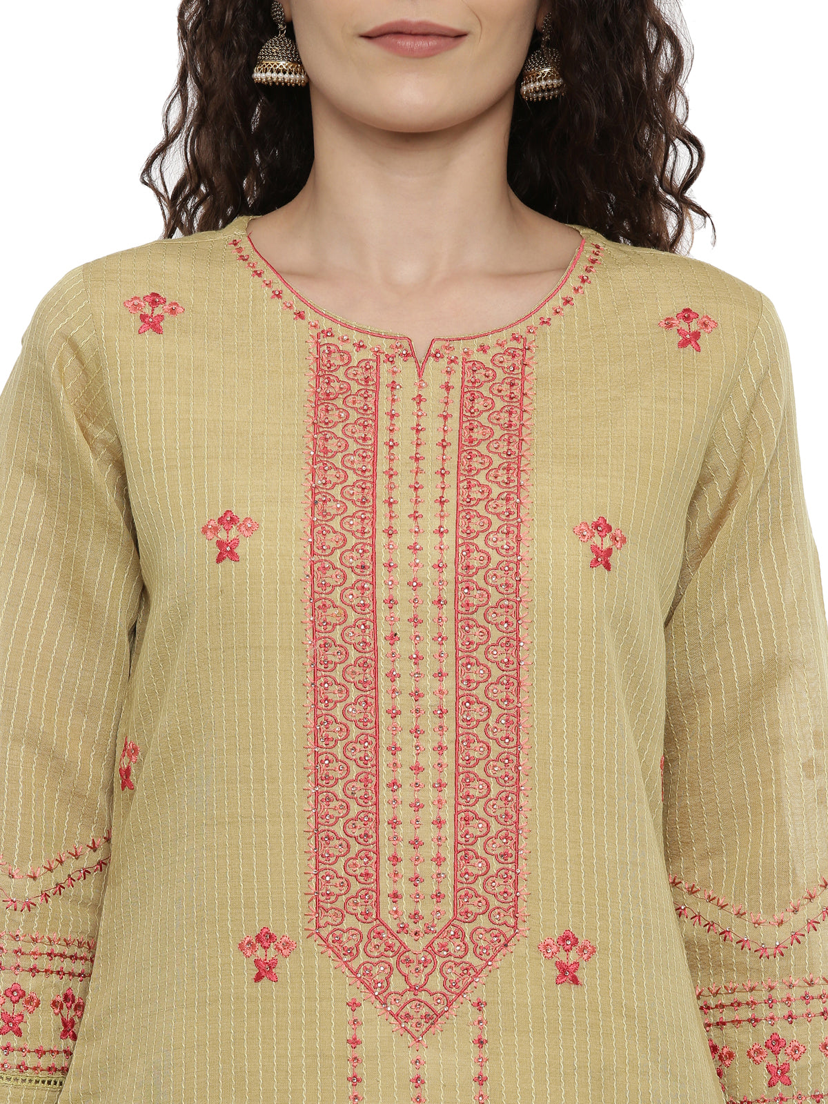 Neerus Women Olive Green  Pink Embroidered Kurta with Trousers  Dupatta