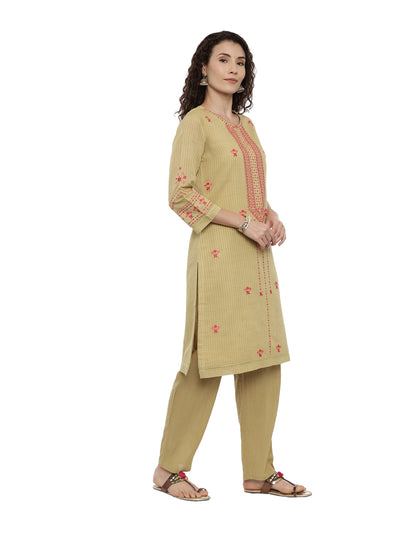 Neerus Women Olive Green  Pink Embroidered Kurta with Trousers  Dupatta