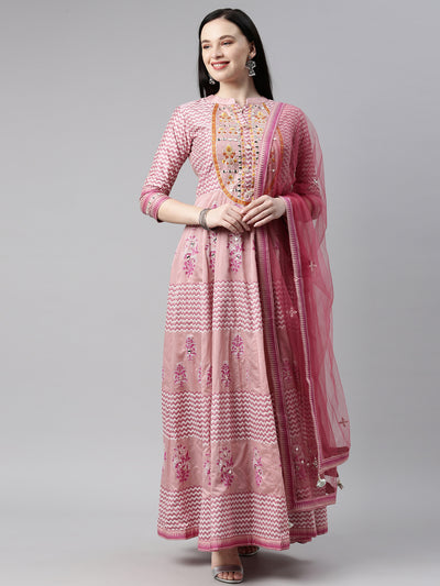 Neerus Women Pink Embroidered Aari Work Chanderi Cotton Kurta with Churidar  With Dupatta