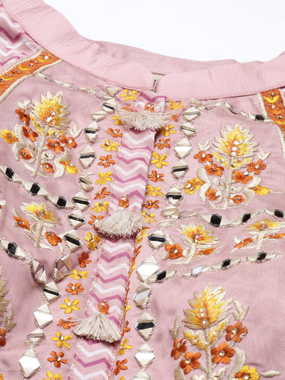 Neerus Women Pink Embroidered Aari Work Chanderi Cotton Kurta with Churidar  With Dupatta