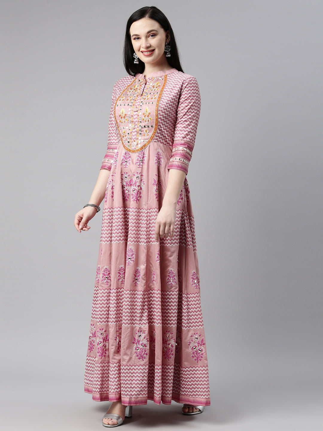 Neerus Pink Chanderi Cotton hand embroidered suit set - back view