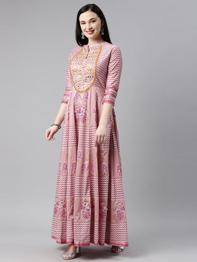 Neerus Women Pink Embroidered Aari Work Chanderi Cotton Kurta with Churidar  With Dupatta