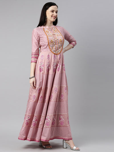 Neerus Women Pink Embroidered Aari Work Chanderi Cotton Kurta with Churidar  With Dupatta