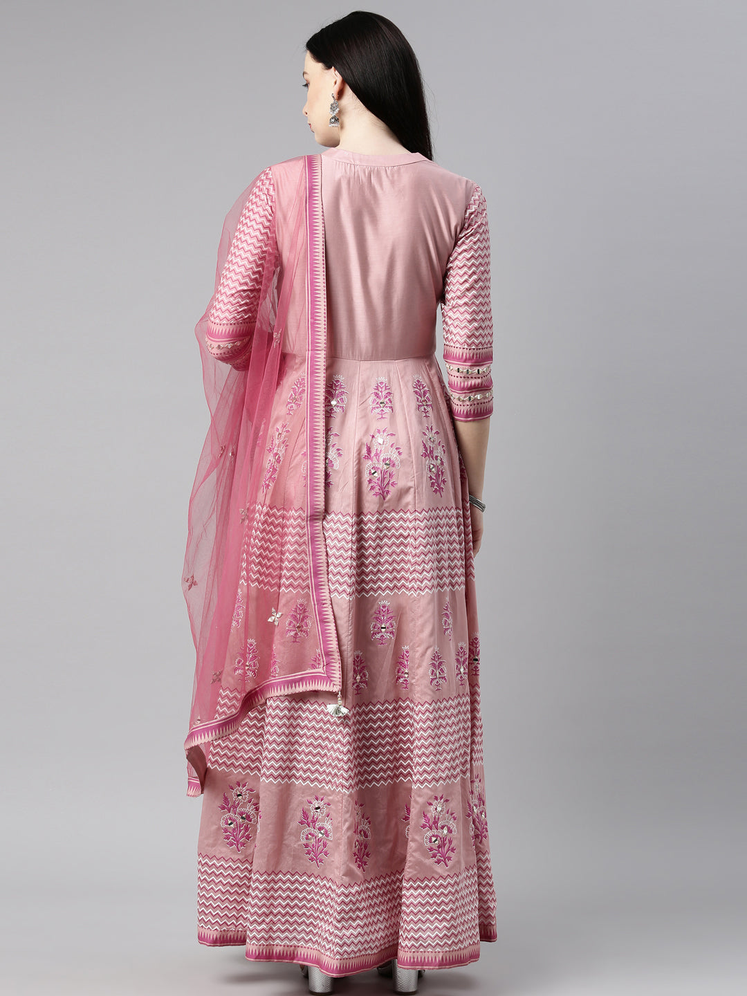Neerus Women Pink Embroidered Aari Work Chanderi Cotton Kurta with Churidar  With Dupatta