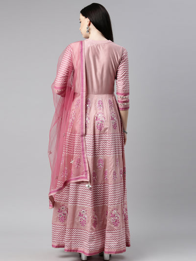 Neerus Women Pink Embroidered Aari Work Chanderi Cotton Kurta with Churidar  With Dupatta