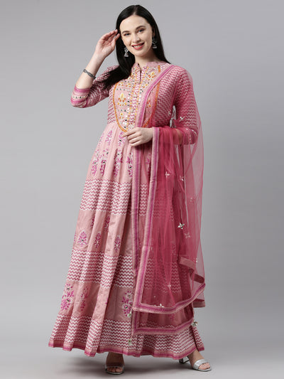 Neerus Women Pink Embroidered Aari Work Chanderi Cotton Kurta with Churidar  With Dupatta