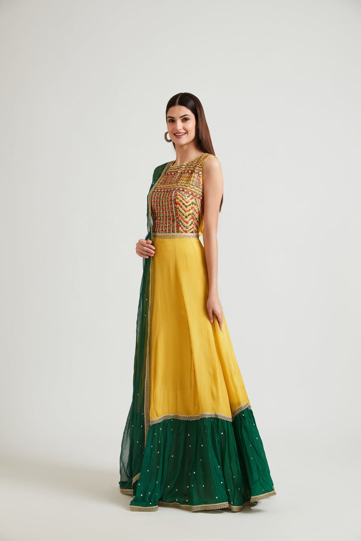 Neerus Mustard Color Chinon Fabric Anarkali Suit