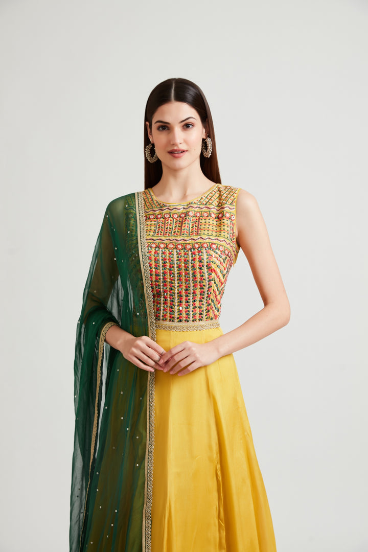 Neerus Mustard Color Chinon Fabric Anarkali Suit