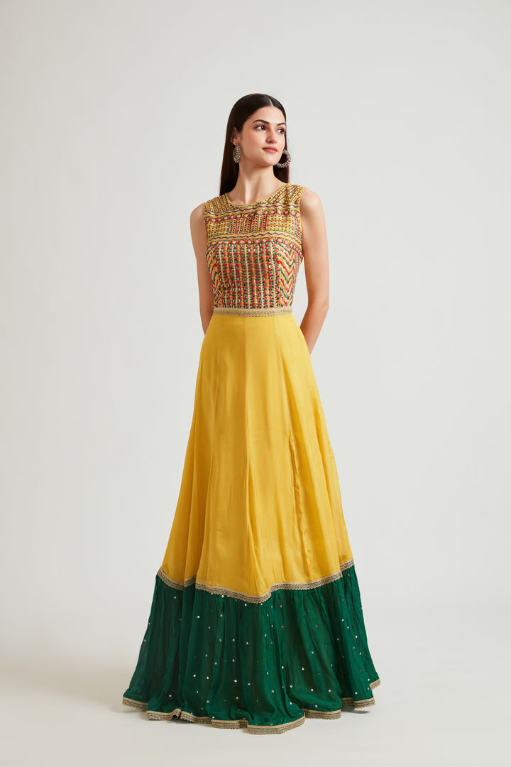Neerus Mustard Color Chinon Fabric Anarkali Suit
